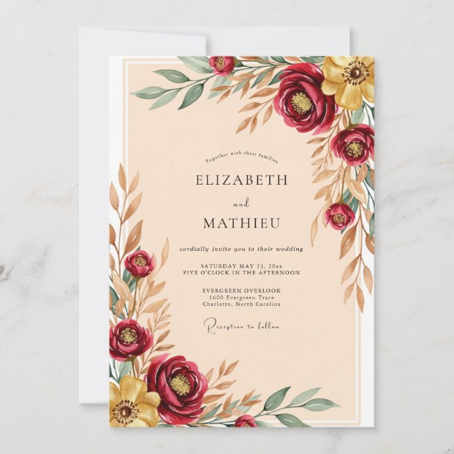 Burgundy Warm Autumnal Wedding Invitation (Front)