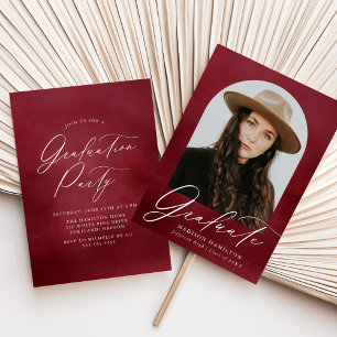 Burgundy Watercolor Arch Photo Graduation Party Invitation