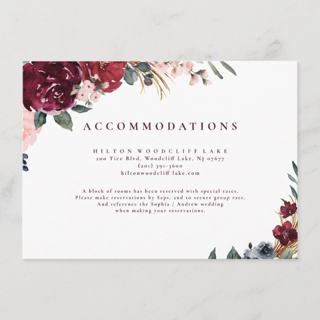 Burgundy watercolor boho floral accommodations enclosure card (Front)