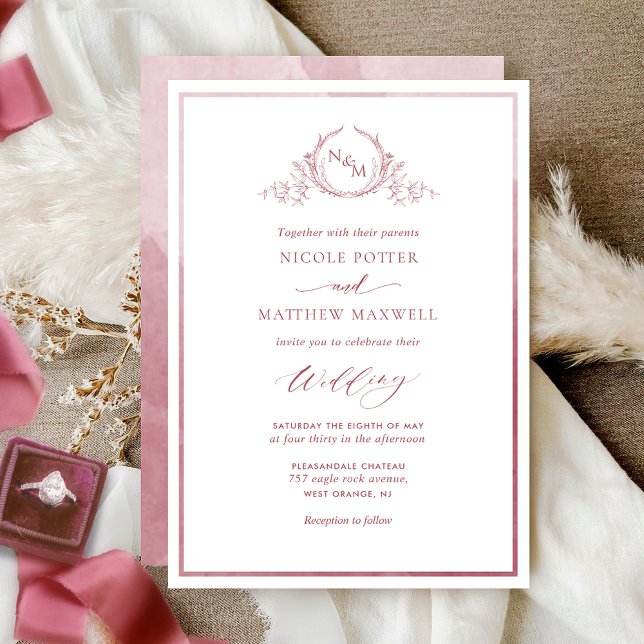 Burgundy Watercolor Chic Monogram Wedding Invitation (Creator Uploaded)