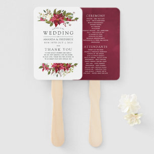 Burgundy Watercolor Christmas Wedding Program Hand Fan