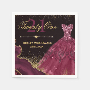 Burgundy Watercolor Dress & agate 21st Birthday Napkin