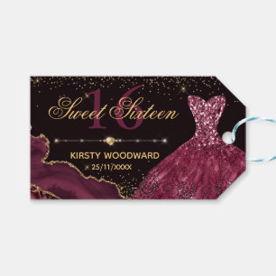 Burgundy Watercolor Dress & agate Sweet 16 Gift Tags