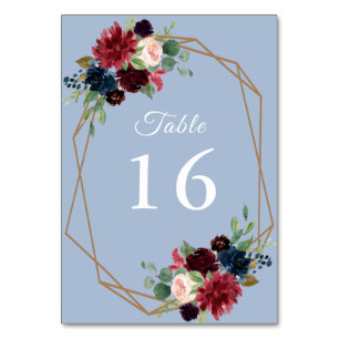 burgundy watercolor dusty blue geometric wedding table number