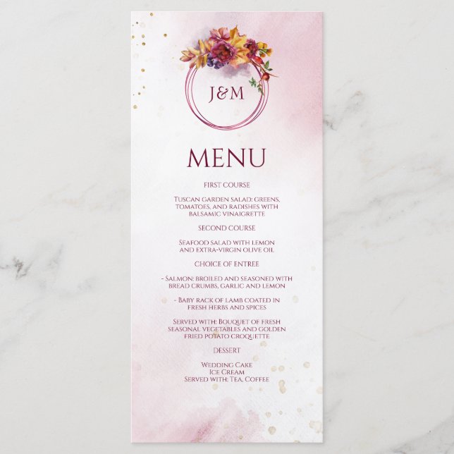 Burgundy Watercolor Fall Bouquet Elegant Wedding Menu (Front)