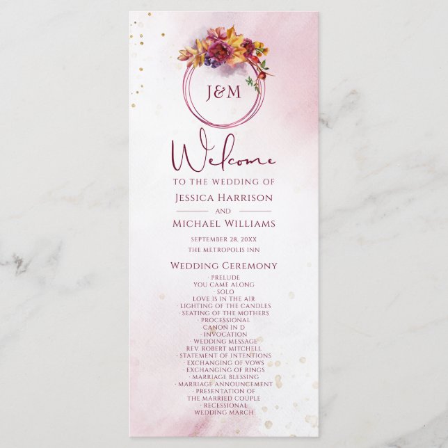 Burgundy Watercolor Fall Bouquet Elegant Wedding Program (Front)