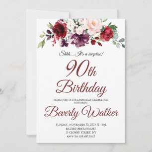 Burgundy Watercolor Floral 90th Surprise Birthday  Invitation