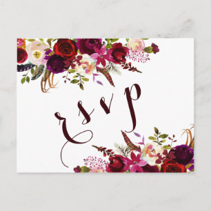 Burgundy Watercolor Floral Autumn Wedding RSVP Invitation Postcard