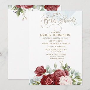 Burgundy Watercolor Floral Baby Shower Invitation