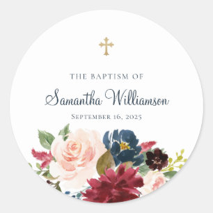 Burgundy Watercolor Floral Baptism Classic Round Sticker