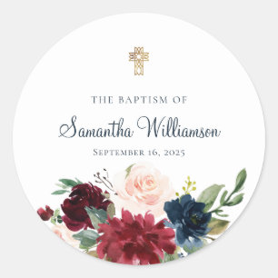 Burgundy Watercolor Floral Baptism Classic Round Sticker