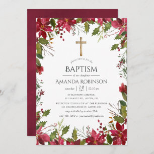 Burgundy Watercolor Floral Baptism or Christening Invitation