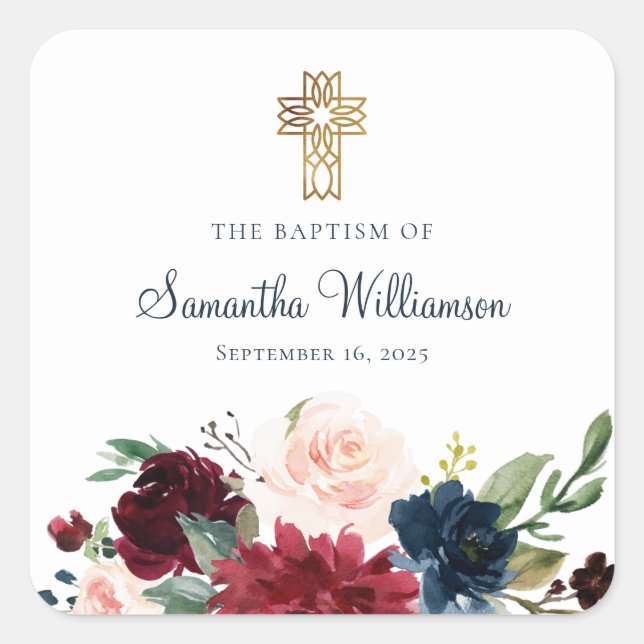 Burgundy Watercolor Floral Baptism Square Sticker (Front)