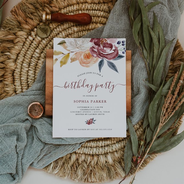 Burgundy Watercolor Floral | Birthday Party Invitation (Creator Uploaded)