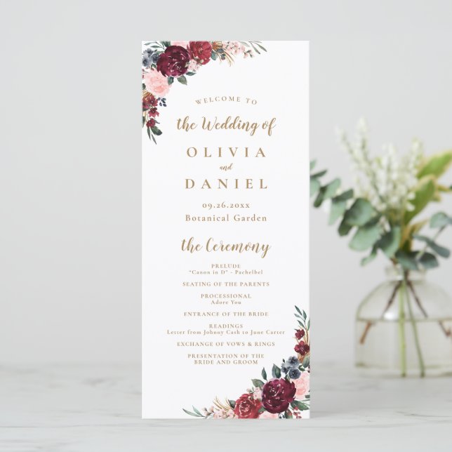 Burgundy watercolor floral boho wedding program (Standing Front)