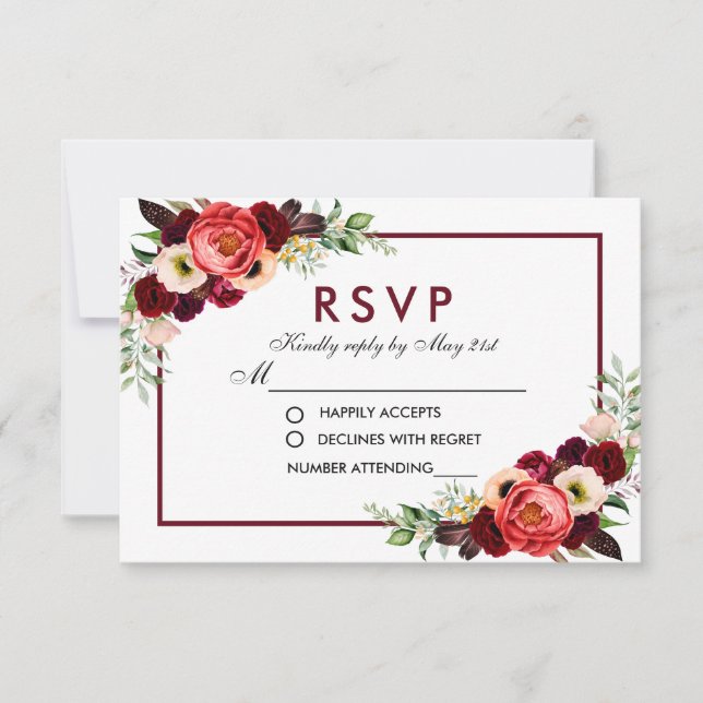 Burgundy Watercolor Floral Boho Wedding RSVP (Front)