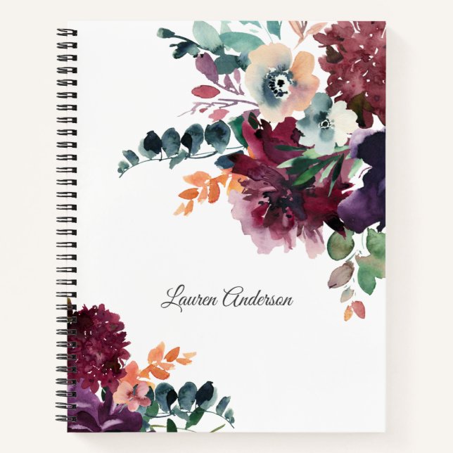 Burgundy Watercolor Floral Bouquets with Your Name Notebook (Front)