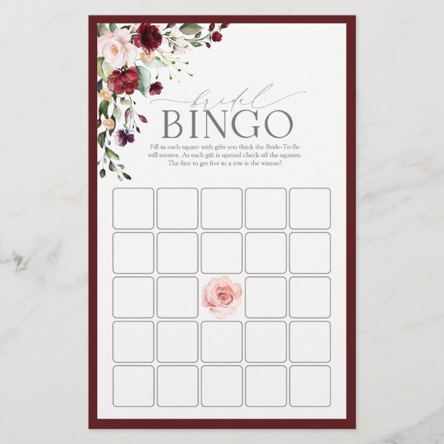Burgundy Watercolor Floral Bridal Bingo Game (Front)