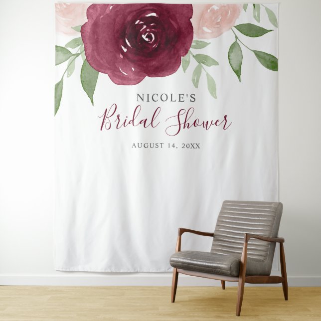 Burgundy Watercolor Floral Bridal Shower Backdrop Tapestry (In Situ)
