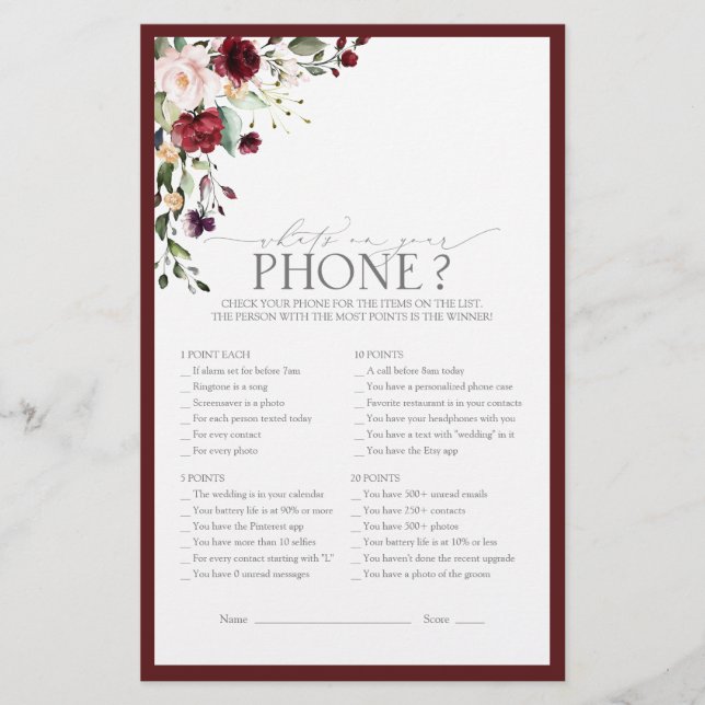 Burgundy Watercolor Floral Bridal Shower Game (Front)