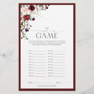 Burgundy Watercolor Floral Bridal Shower Game