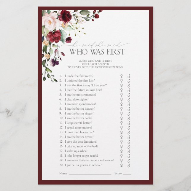 Burgundy Watercolor Floral Bridal Shower Game (Front)