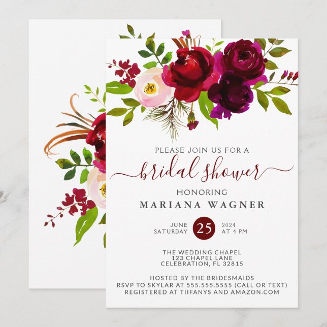 Burgundy Watercolor Floral Bridal Shower Invitatio Invitation (Front/Back)
