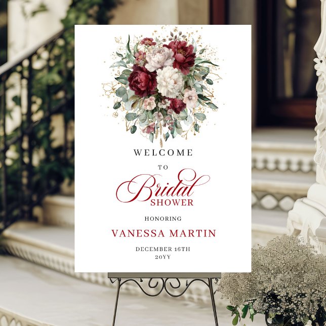 Burgundy Watercolor Floral Bridal Shower Welcome Poster (Burgundy Watercolor Floral Bridal Shower Welcome)