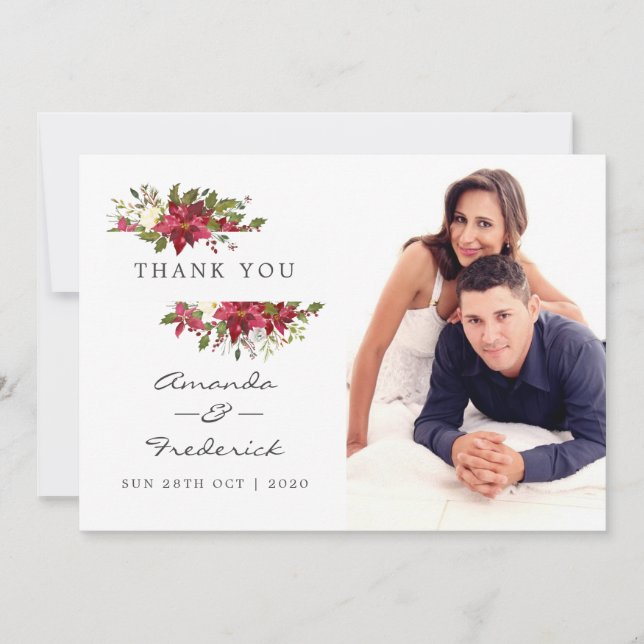 Burgundy Watercolor Floral Christmas Wedding Thank You Card (Front)