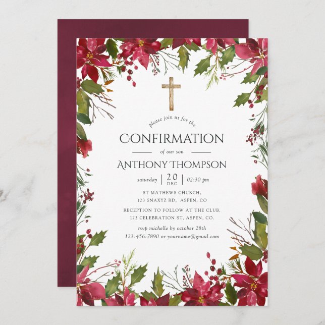 Burgundy Watercolor Floral Confirmation Invitation (Front/Back)