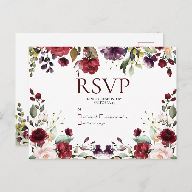 Burgundy Watercolor Floral Drop No Menu RSVP (Front/Back)