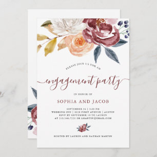 Burgundy Watercolor Floral   Engagement Party Invitation