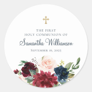 Burgundy Watercolor Floral First Holy Communion Classic Round Sticker