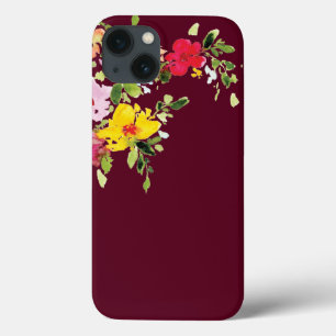 Burgundy watercolor floral flowers chic stylish iPhone 13 case