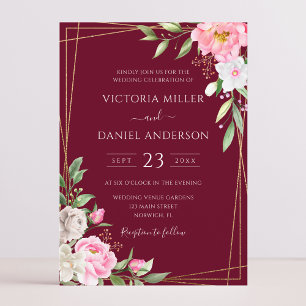 Burgundy Watercolor Floral Geometric Gold Wedding Invitation