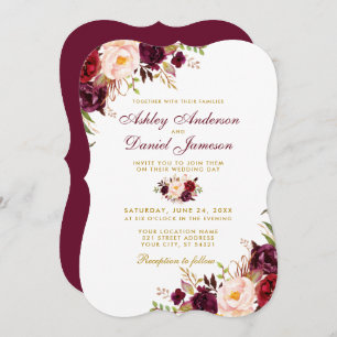 Burgundy Watercolor Floral Gold Bracket Wedding Invitation