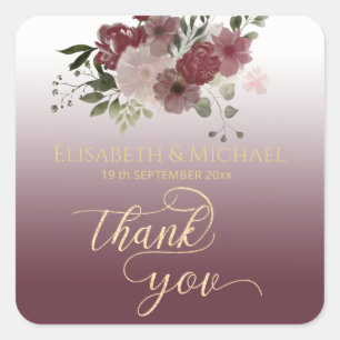 Burgundy watercolor floral gold calligraphy square sticker