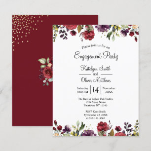 Burgundy Watercolor Floral Gold Foil Engagement Invitation