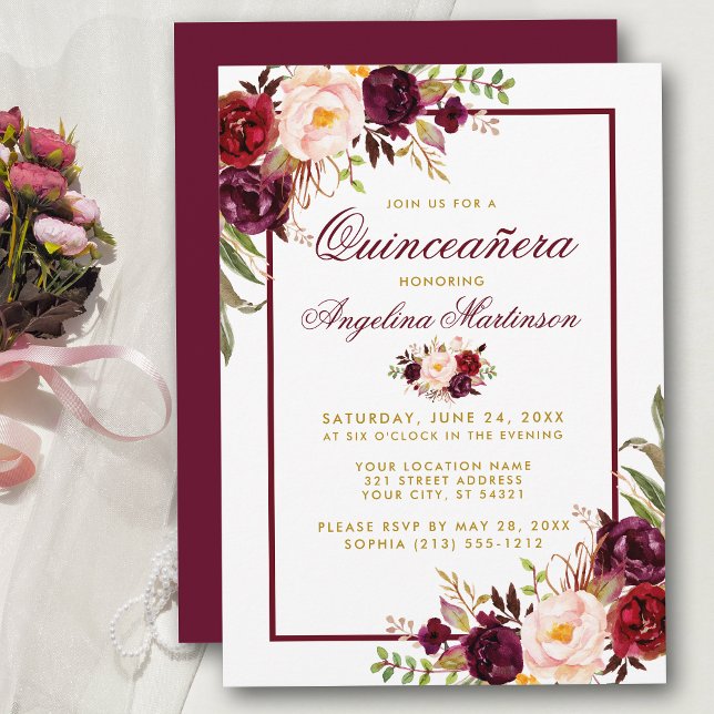 Burgundy Watercolor Floral Gold Quinceanera Invitation (Customize to change text color, style, add text & photos to back or change color of back of card.)