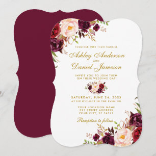 Burgundy Watercolor Floral Gold Wedding Bracket Invitation