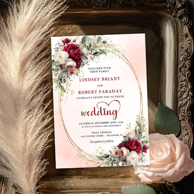Burgundy Watercolor Floral Gold Wedding Invitation (Burgundy Watercolor Floral Gold Wedding Invitation)