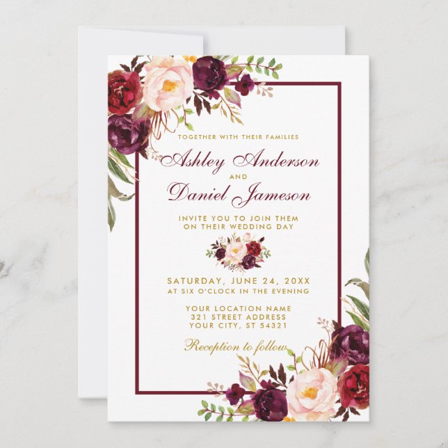 Burgundy Watercolor Floral Gold Wedding Invite BF (Front)
