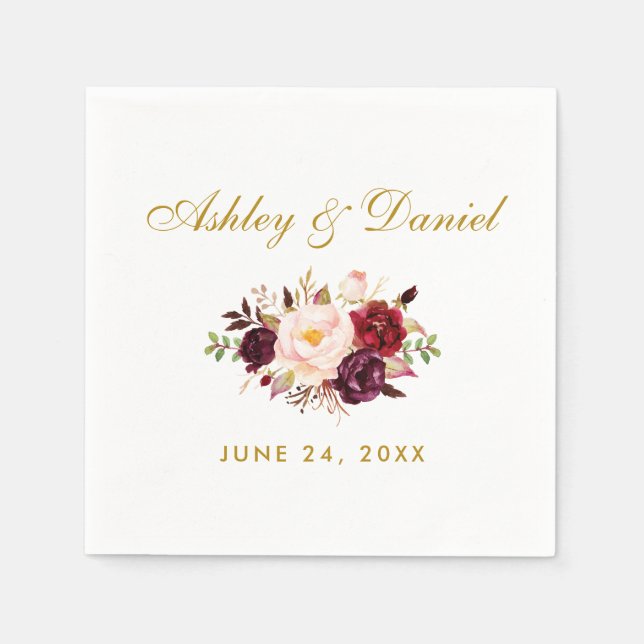 Burgundy Watercolor Floral Gold Wedding Napkin (Front)