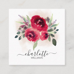 Burgundy Watercolor Floral & Greenery Eucalyptus Square Business Card