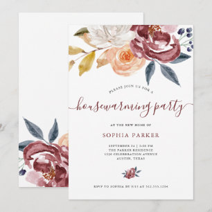 Burgundy Watercolor Floral   Housewarming Party Invitation