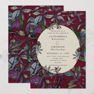 Burgundy watercolor floral leaf gold frame wedding invitation