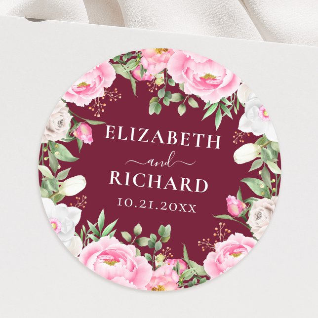 Burgundy Watercolor Floral Peony Elegant Wedding Classic Round Sticker (Creator Uploaded)