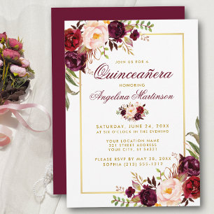 Burgundy Watercolor Floral Quinceanera Gold Invitation