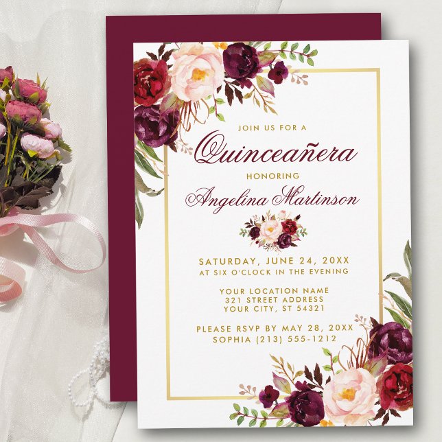 Burgundy Watercolor Floral Quinceanera Gold Invitation (Customize to change text color, style, add text & photos to back or change color of back of card.)