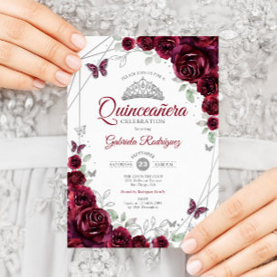 Burgundy Watercolor Floral Quinceanera Invitation